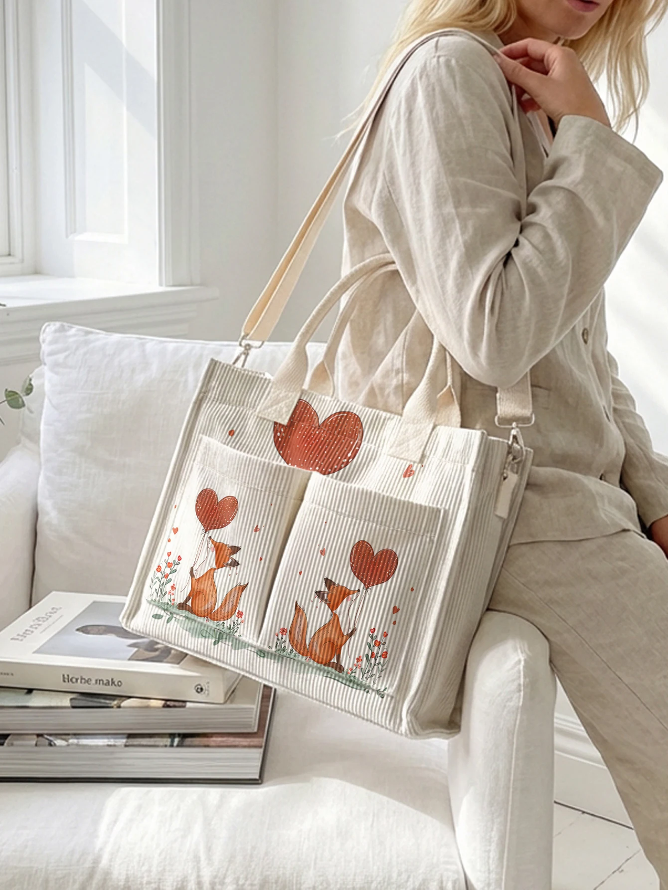 Cute Fox with Heart Balloon Print Corduroy Tote Bag Large Capacity Multi Pocket Girls Commuter Shoulder Bag