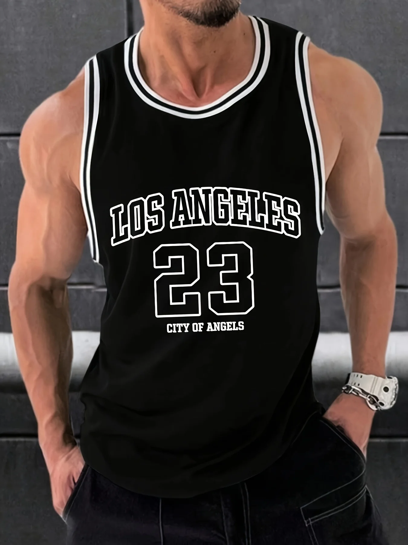 Men's Micro Elastic Breathable Mesh Basketball Jersey, Round Neck, LOS ANGELES Print