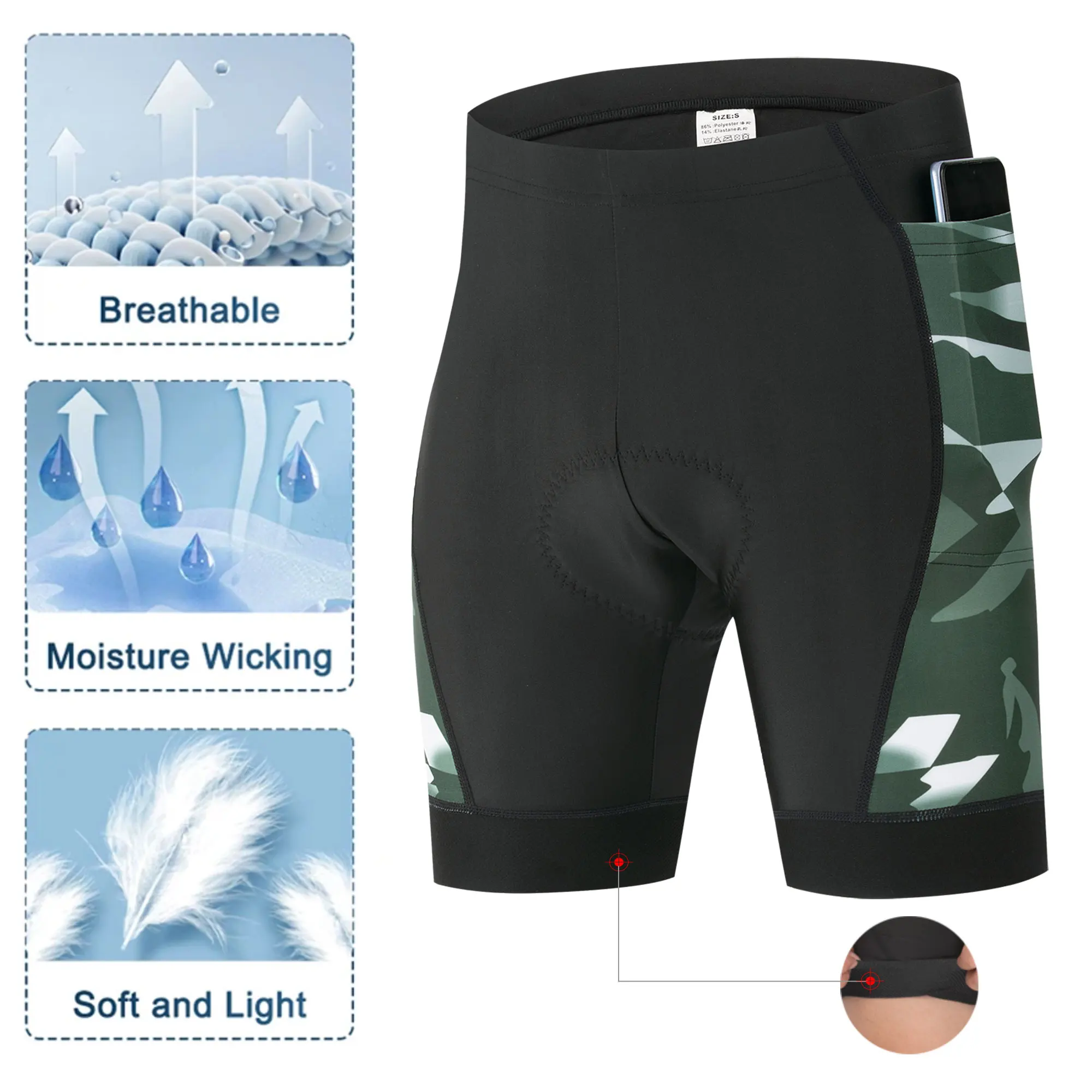 3D Padded Seat Breathable Elastic Fabric Bike Shorts with Side Phone Pockets Back Zipper Pocket, Anti-Slip Leg Grips for Road