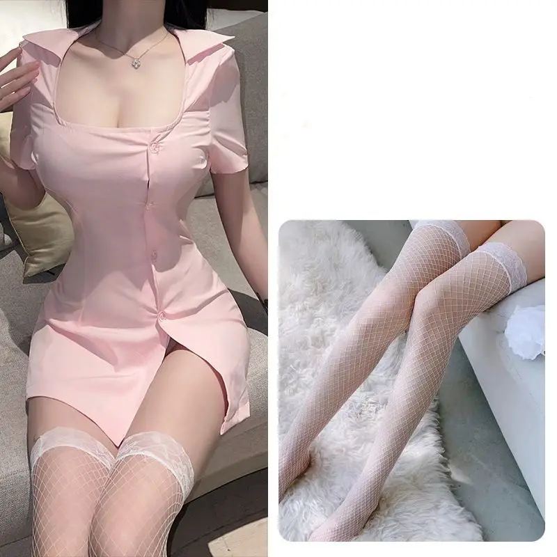 Sexy Lingerie Nurse Uniform Collocation Pink Dress Comfortable and Breathable Nurse Headband T Pants White Fishnet Stockings