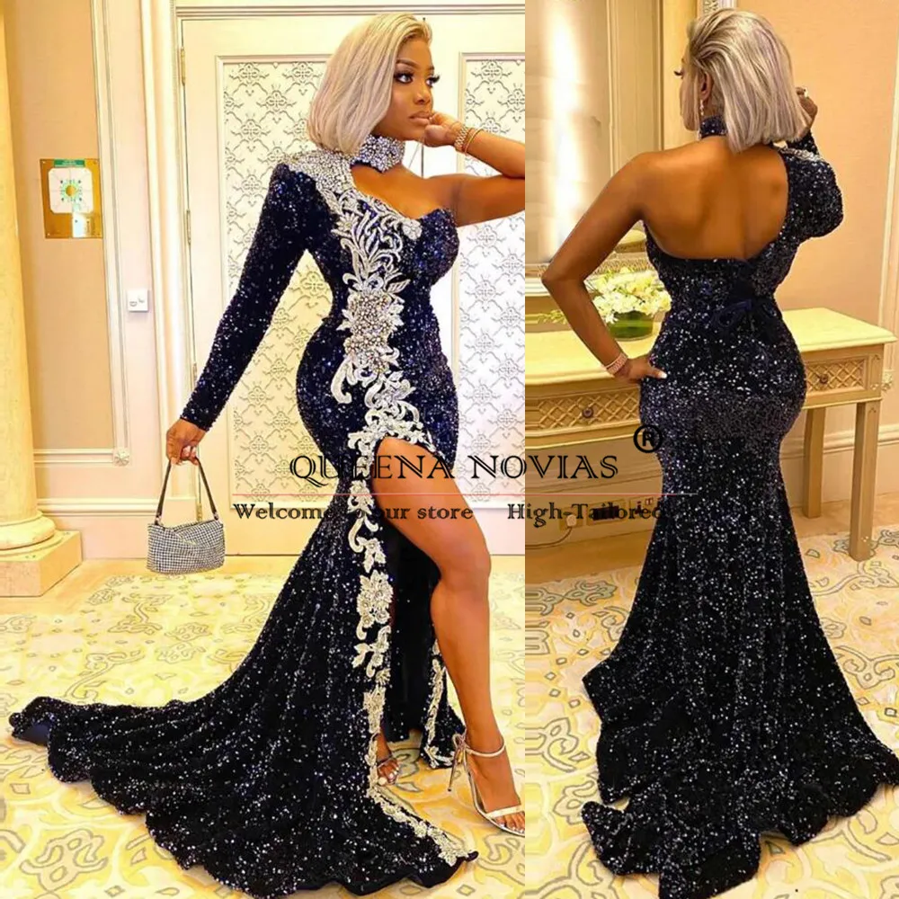 Aso Ebi Afrikaanse galajurken Luxe kristallen kralen Eén schouder Avond Formele feestjurken Aangepaste tweede receptiekleding