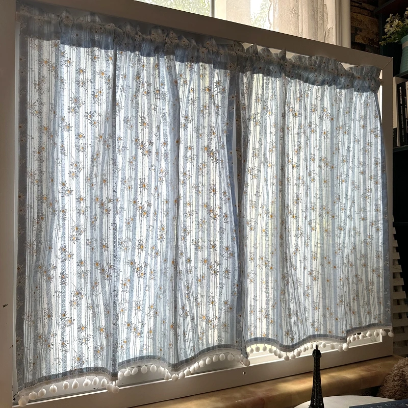 

Boho Daisy Floral Cotton Cafe Curtains with Tassels Drapes Semi-Sheer Rod Pockets Farmhouse Rustic Short Kitchen Window Curtains