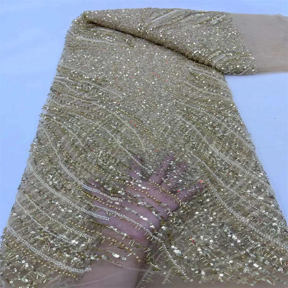 Tessuto di pizzo di Tulle francese di lusso con paillettes di perline pesanti tessuto di pizzo africano 2024 lacci di alta qualità per le donne abito da sposa da sera