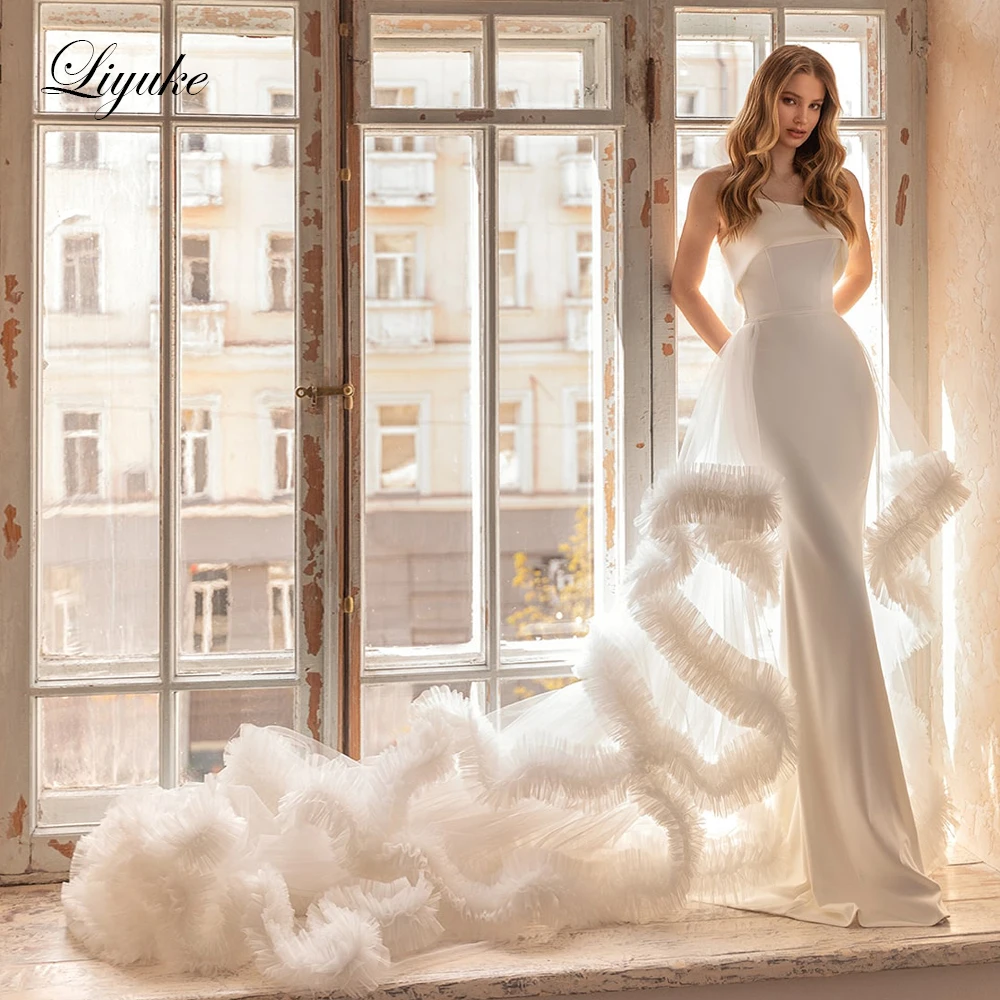 

Liyuke Elegant Style 2 In 1 Mermaid Wedding Gowns Off The Shoulder Trumpet Bridal Dress With Removable Train