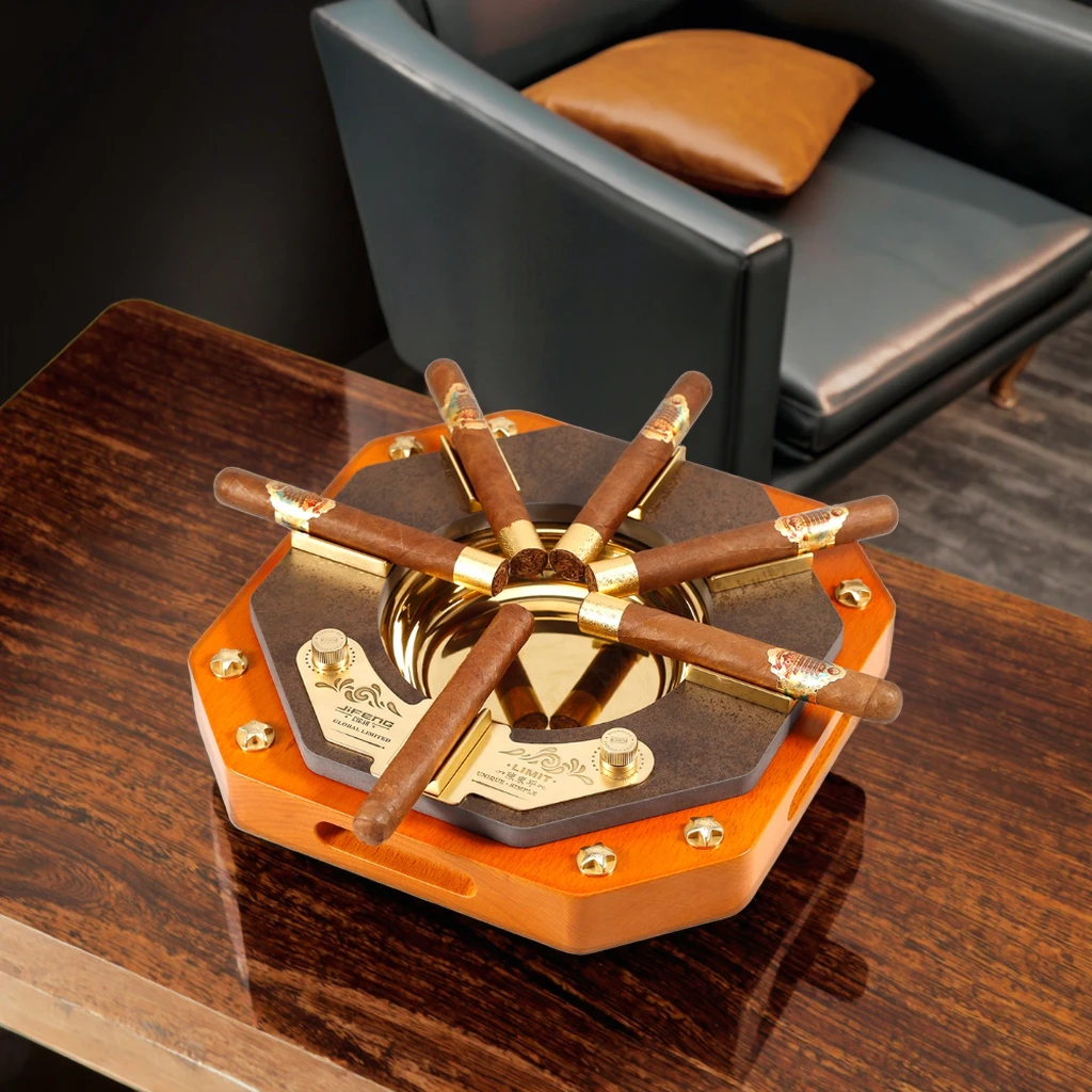 JIFENG JF-6002 Unique Octagon Cigar Ashtray with Both Cigar Punches Wood and Metal Home Decor