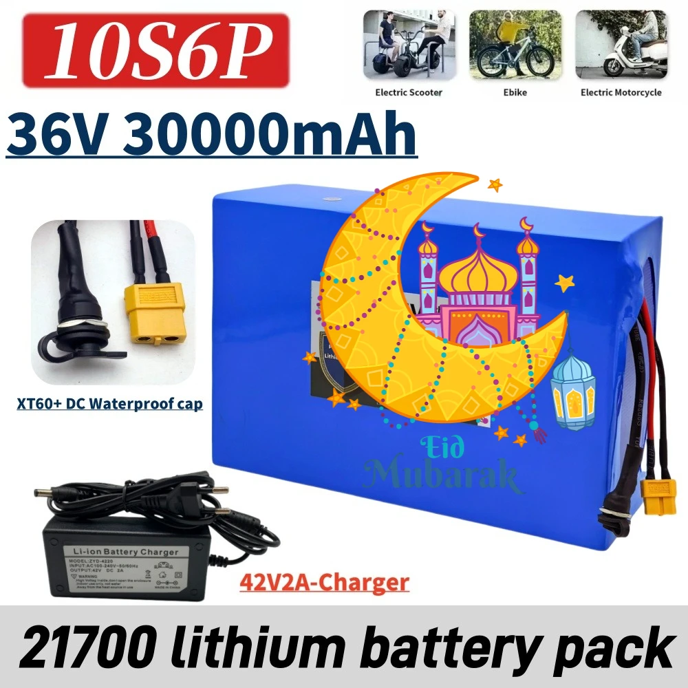 21700 10S6p 36V 30AH Rechargeable Lithium Battery Pack 100-1300W Electric Motorcycle Scooter Bicycle with BMS Battery Pack