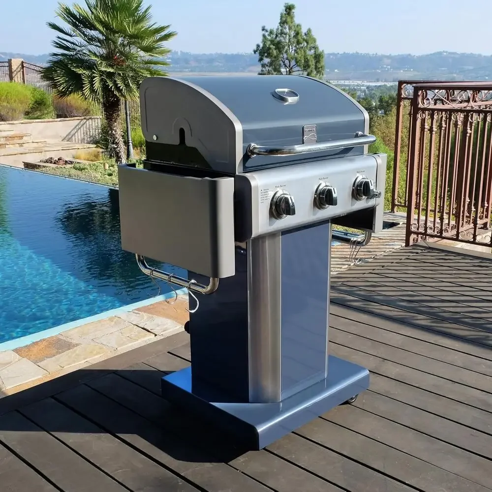 Azure Blue 3-Burner Propane Gas Grill with 30,000 BTU, Cast Iron Grates, Side Tables, and Wheels
