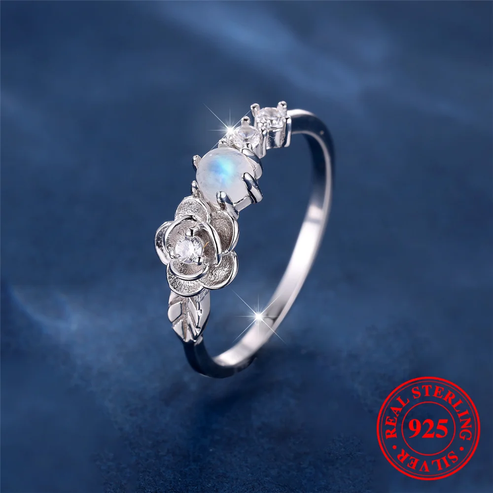Cute Female Small Round Nature Moon Stone Flower Ring Vintage Real 925 Sterling Silver Wedding Jewelry For Women