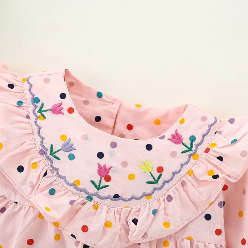 فستان HoneyCherry الجديد للخريف برقبة دائرية مع طباعة منقط ملون وياقة مطرزة، فستان الأميرة للأطفال للفتيات #4