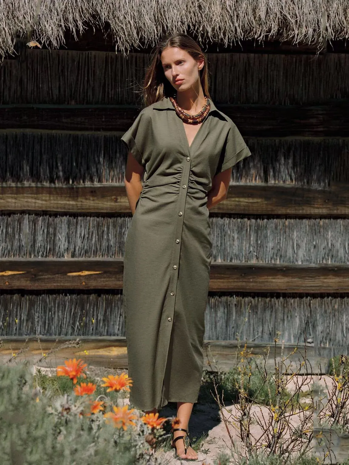 Summer New Women's Linen Comfortable ort Sve V-ne Midi Dr Retro Waist-cinched A-line Long Skirt Single-button Closure