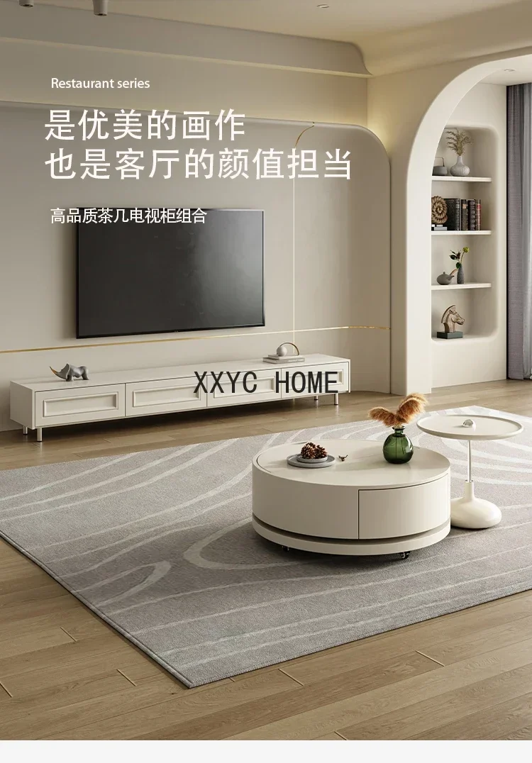 Light French Cream Style Tea Table Living Room Home round Tea Table Size Tea Table Combination Paint Rotating Folding Storage