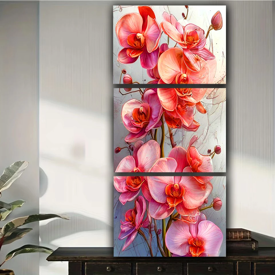 Pink Orchid Flowers 5d diy diamond painting triptych Full Square Round Diamond mosaic Jewelry cross stitch Home decor still life
