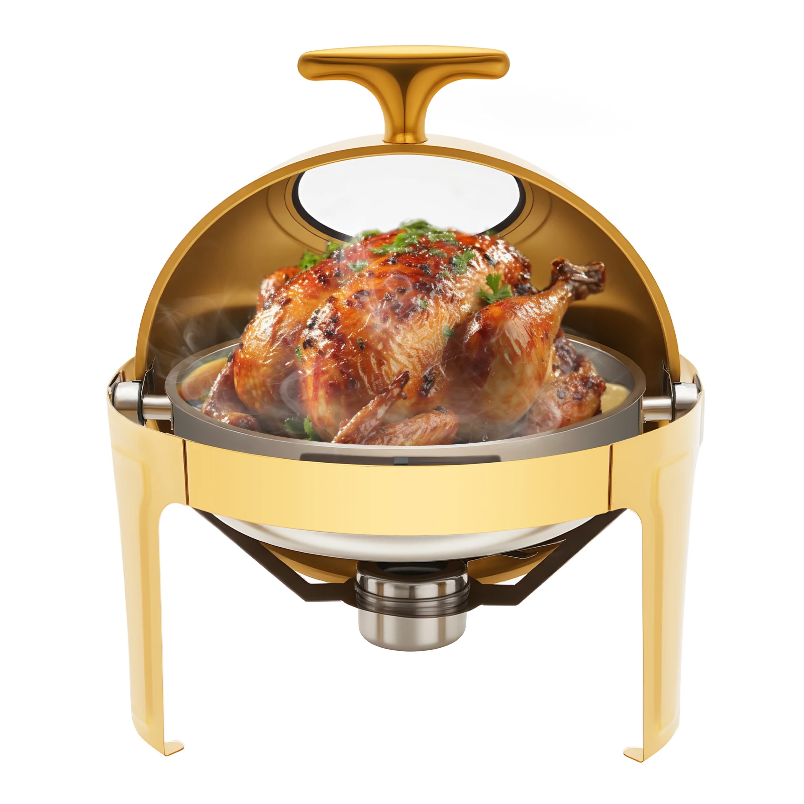 Réchaud de buffet rond en acier inoxydable doré de 15,4 lb avec couvercle transparent et bac à eau pour mariage et réceptions