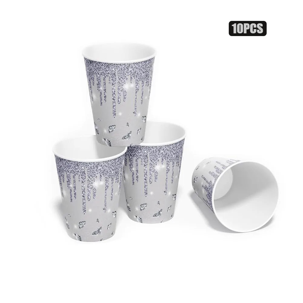 Silber-Glitzer Einweg-Geschirrset Luxuriöse Diamant-Pappteller Becher Servietten Tischdecke Hochzeit Brautparty Partyzubehör – Detail 8