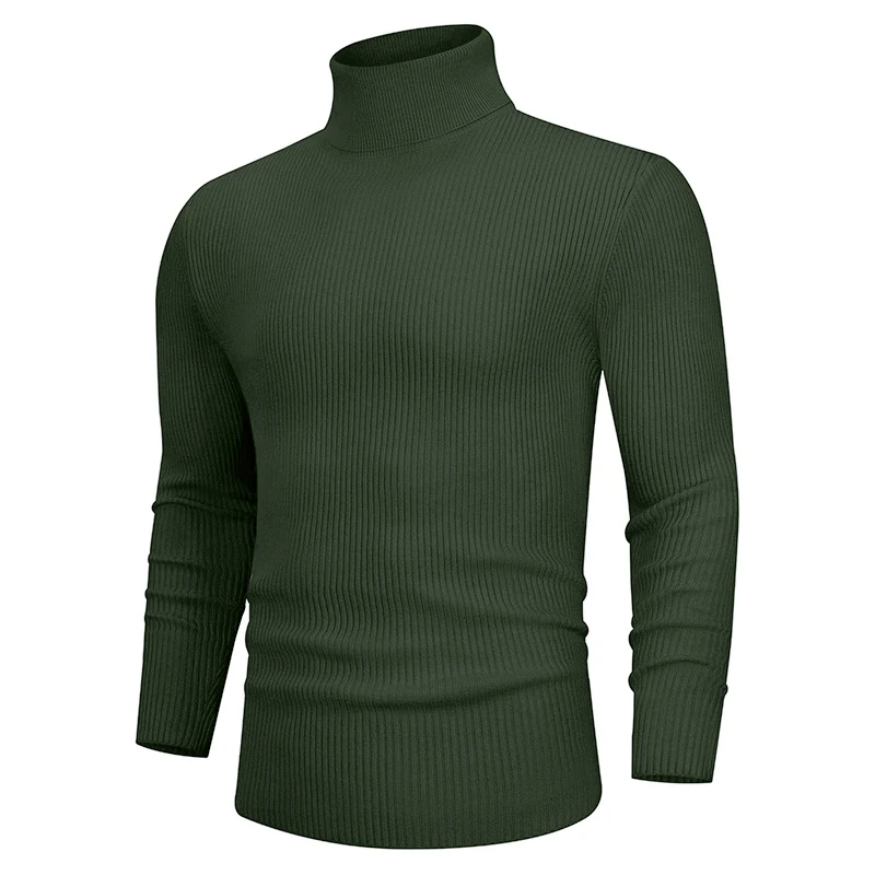 New Fall Long Sleeved Turtleneck Sweaters Men\'s Casual Breathable Top Solid Color Elastic Slim Autumn Warm Stripe Streetwear