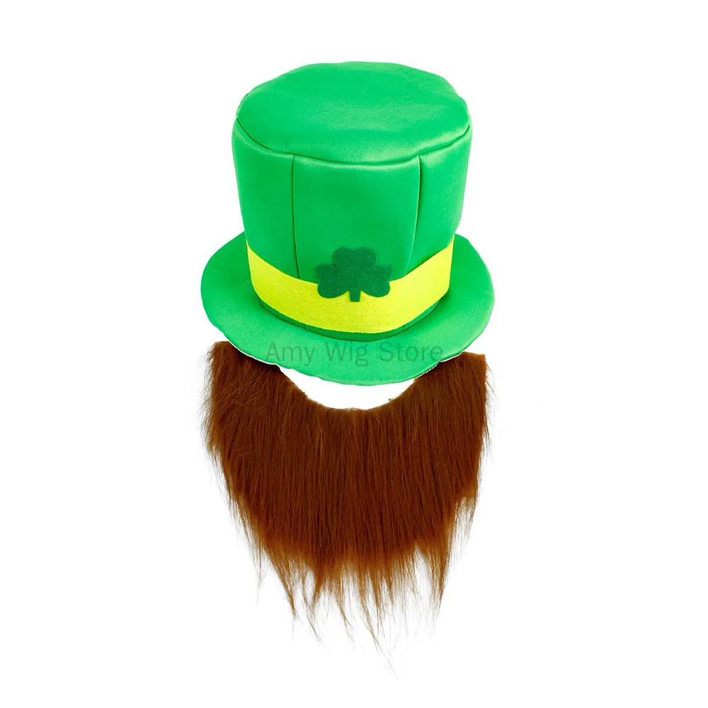 เสื้อกันหนาวแบบมีหมวกแชมร็อกพร้อมหนวดสีเขียว St. patricks Day อุปกรณ์ปาร์ตี้หมวก Leprechaun และเคราสำหรับผู้ใหญ่