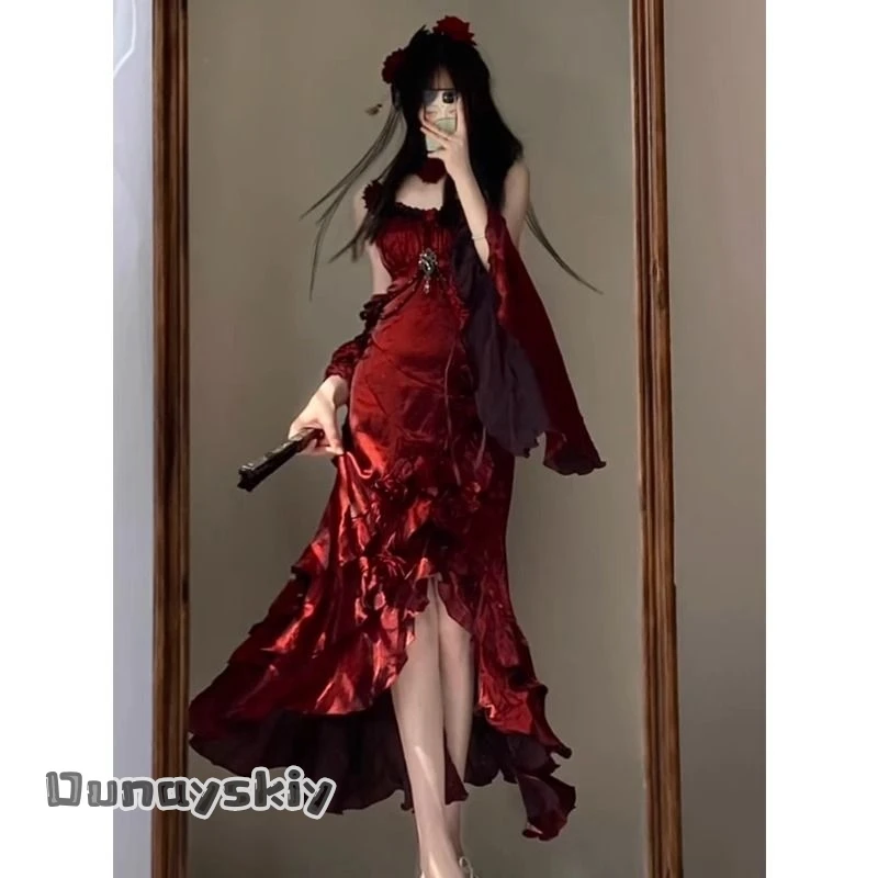 فستان هيبورن الفرنسي الوردي أزياء تنكرية فساتين طويلة بورجوندي قوس تنورة الأميرة لوليتا التنانير أزياء الفتيات النسائية