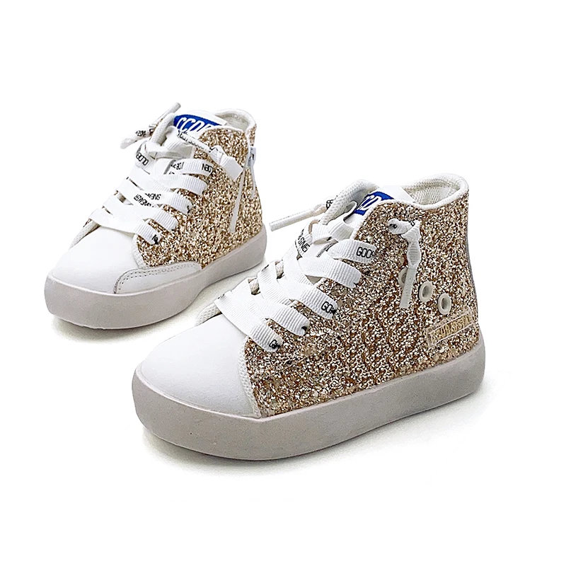 New Design Customized Baby Shoes Children Sport High top Casual Shoes Girls Star Fashion Golden Glitter Kids Sneakers 2024