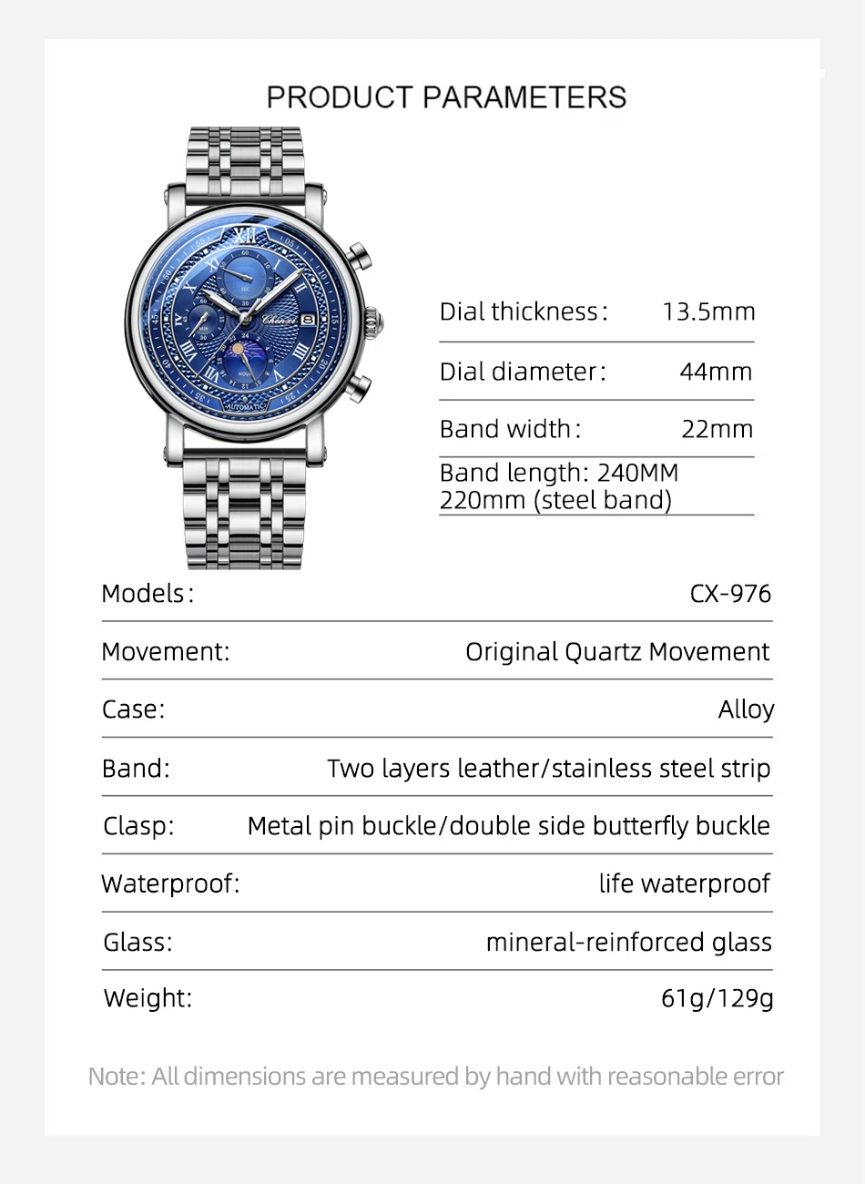 Chenxi 976 Leather Chronograph Date Men's Phase Of The Moon Timing Business Luminous Quartz Watch Relojes Para Hombres
