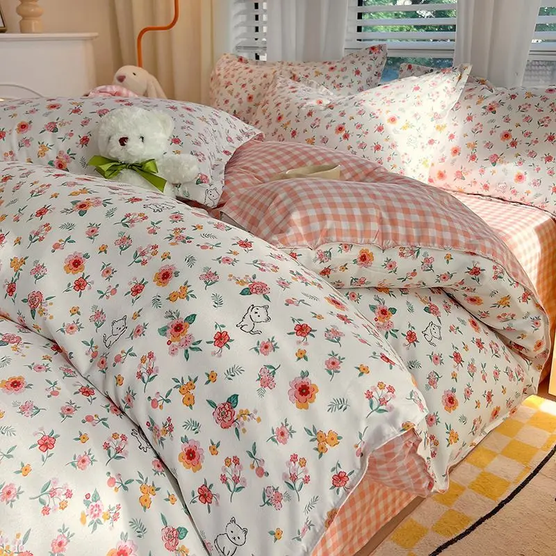 2024 Korean Style Washed Cotton Four Piece Set, Student Dormitory Countryside Floral Bed Sheets and Duvet Sets, Three Piece Set