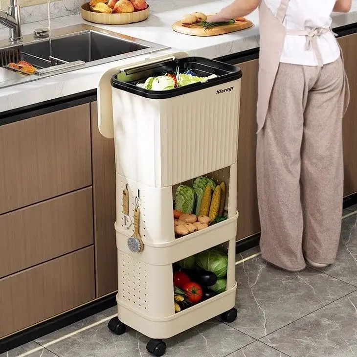 Beige Multi-layer Rolling Kitchen Waste Bin With Storage Shelves, Mobile Vegetable Fruit Organizer Cart With Wheels For Kitchen