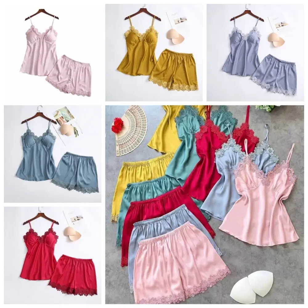 通気性のあるアイスシルクレースパジャマスーツ Vネックパッド入りスリングショーツナイトウェアノースリーブゆったりツーピース寝間着セット