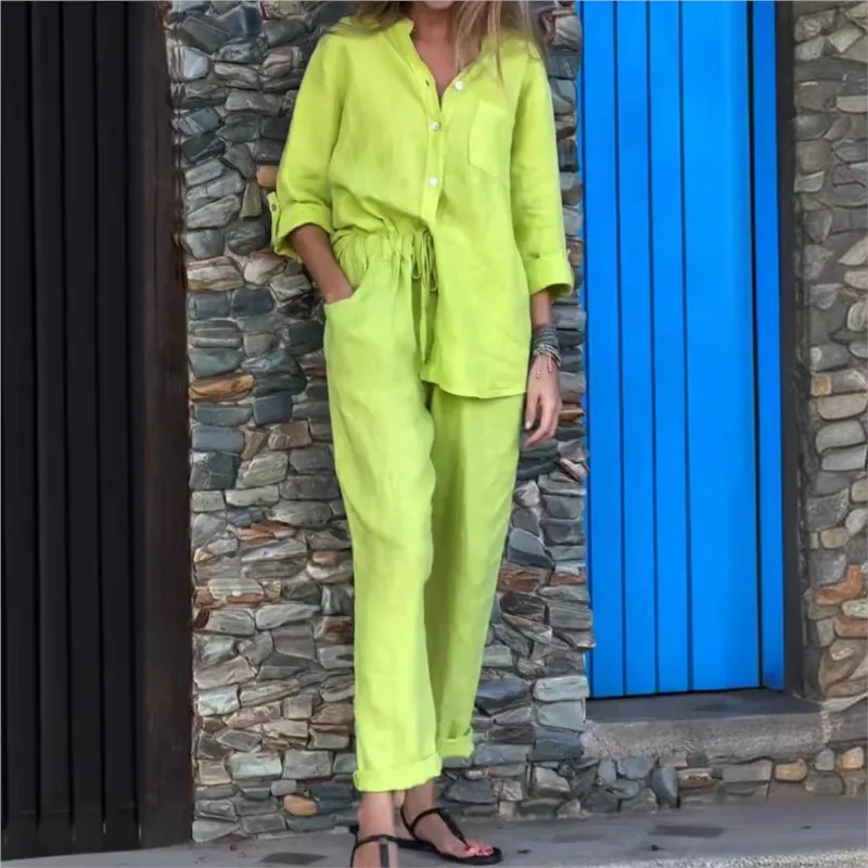 Dames katoen linnen effen kleur tweedelige sets 2025, lente herfst mode v-hals top elastische taille losse wijde pijpen broek set