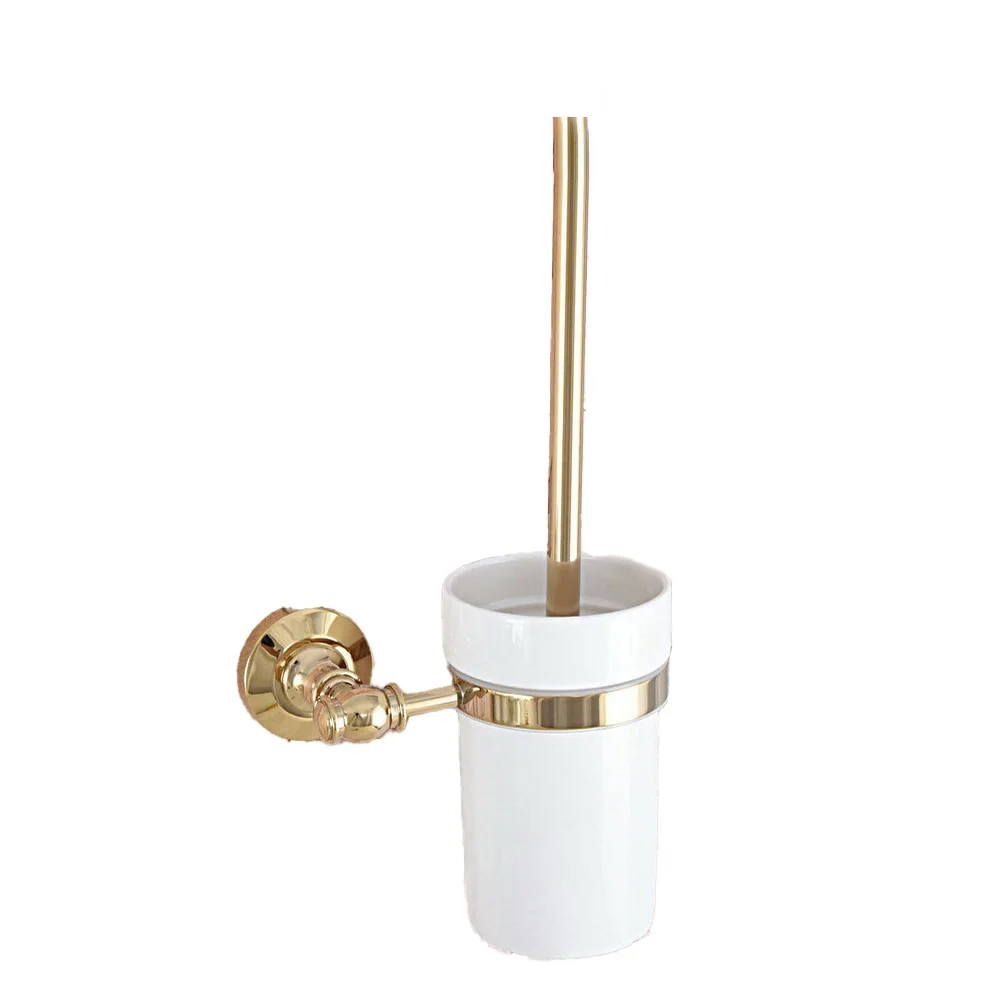 Gold Color Brass Wall Mounted Toilet Brush & Holder Set White Brush Ceramic Cup Bathroom Accessory aba313