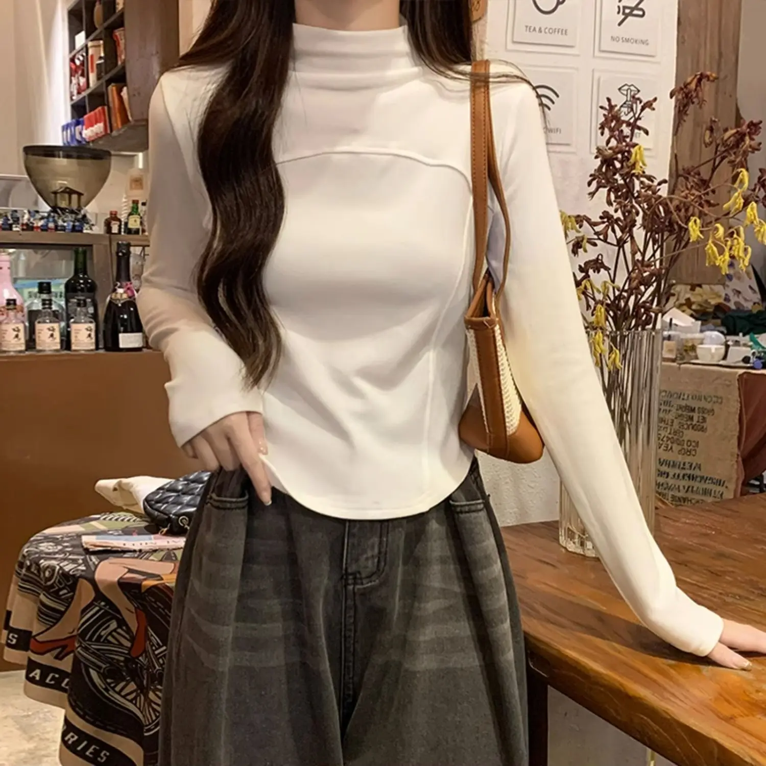 Warm Fleece Pure Color Fishbone Waist-Cinching Long Sleeve T-Shirt Women's Inner Wear Base Shirt Top for Autumn Winter