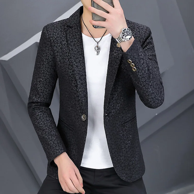 HOO 2025 Men's Spring Jacquard blazer Youth Slim Fit Fashion Casual Blazers