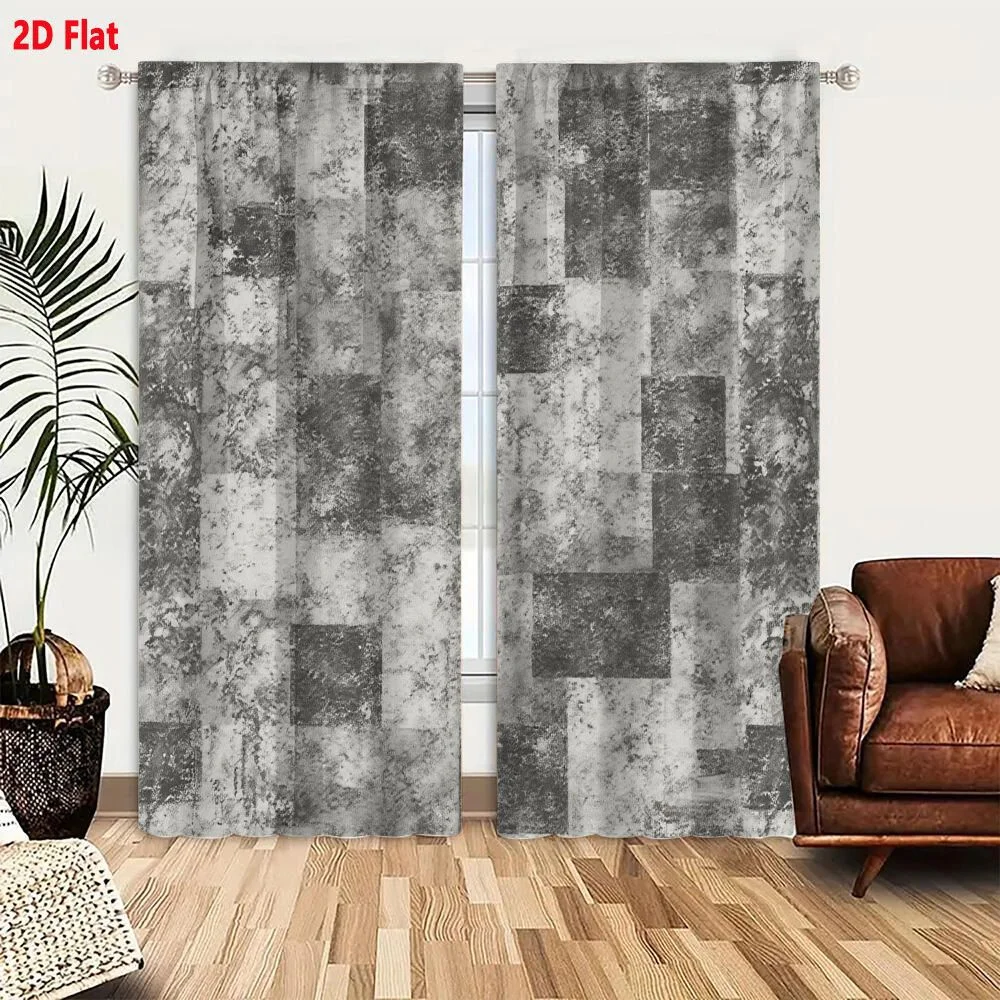 2Pcs Curtains Add 2D Flat Monochromatic Abstract Geometric Texture With Irregular Rectangular Blocks In Varying Gray Shades Rese