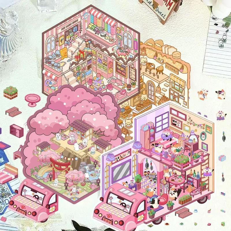 1Set DIY 3D Cat Caravan Landscaping Miniature Sticker Playroom RV Theme Sticker Stacking Pasting Gift For Kid Child Student