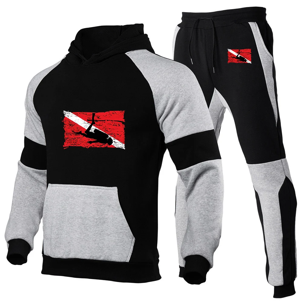2026 Spring And Autumn Scuba Diving Diver Print Men's New Fashion Patchwork Hoodies + Sports Long Pants Trendy Suit