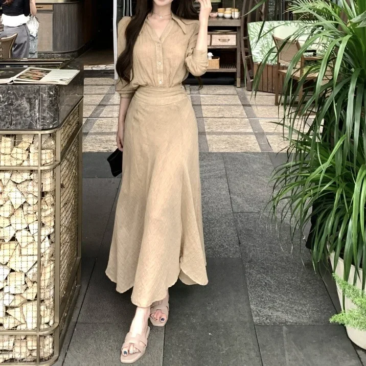 

Рубашка цвета хаки в стиле ретро с v-образным вырезом и длинными рукавами, женский летний повседневный комплект, юбка трапециевидной формы с высокой талией, костюм из двух предметов средней длины