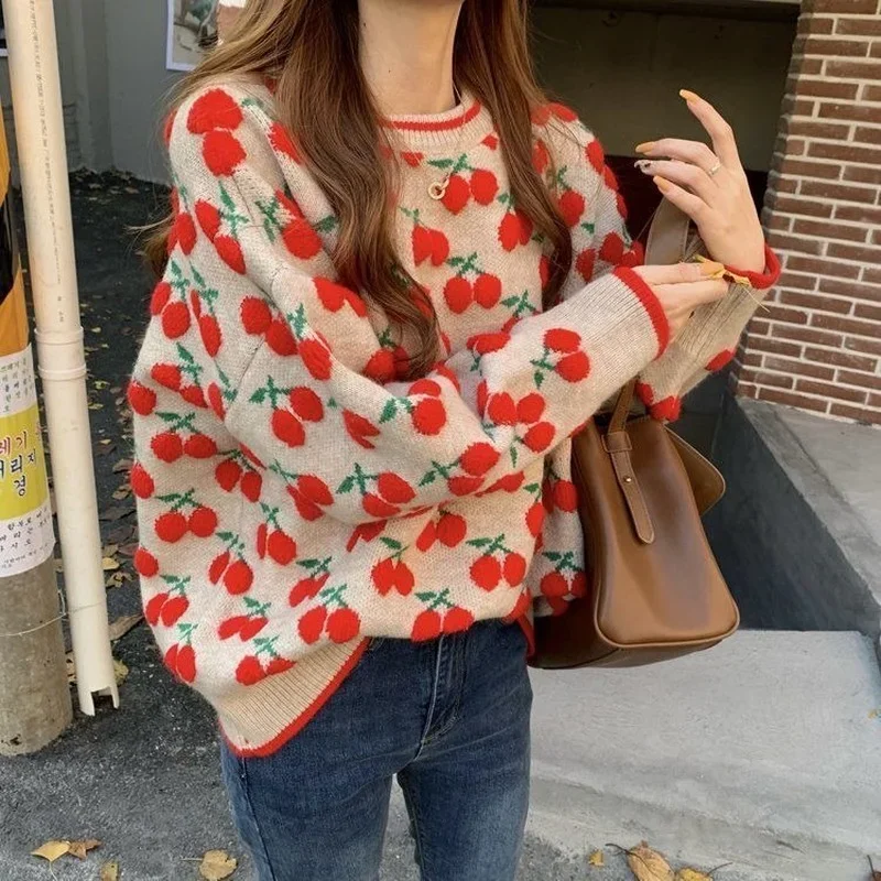 

Sweaters Women O-Neck Print Soft Sweet Students Warm Autumn Long Sleeve Feminine Pullovers Korean Style Casual Baggy New Arrival