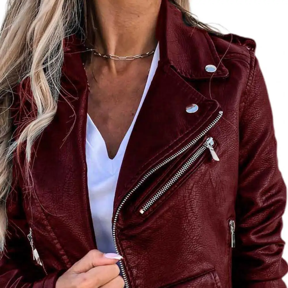 Women Jacket Zipper Faux Leather Lapel Long Sleeves Solid Color Keep Warm High Street Casual Individual Autumn Biker Coat