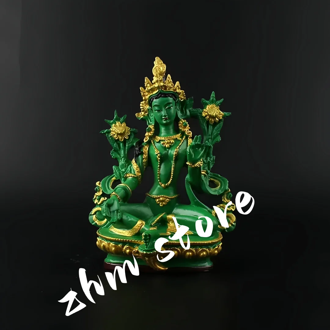 13.5cm Resin Colored Painted Talisman Efficacious Family Protection Nepal/Tibetan/Indian Green Tara Bodhisattva Buddha Statue