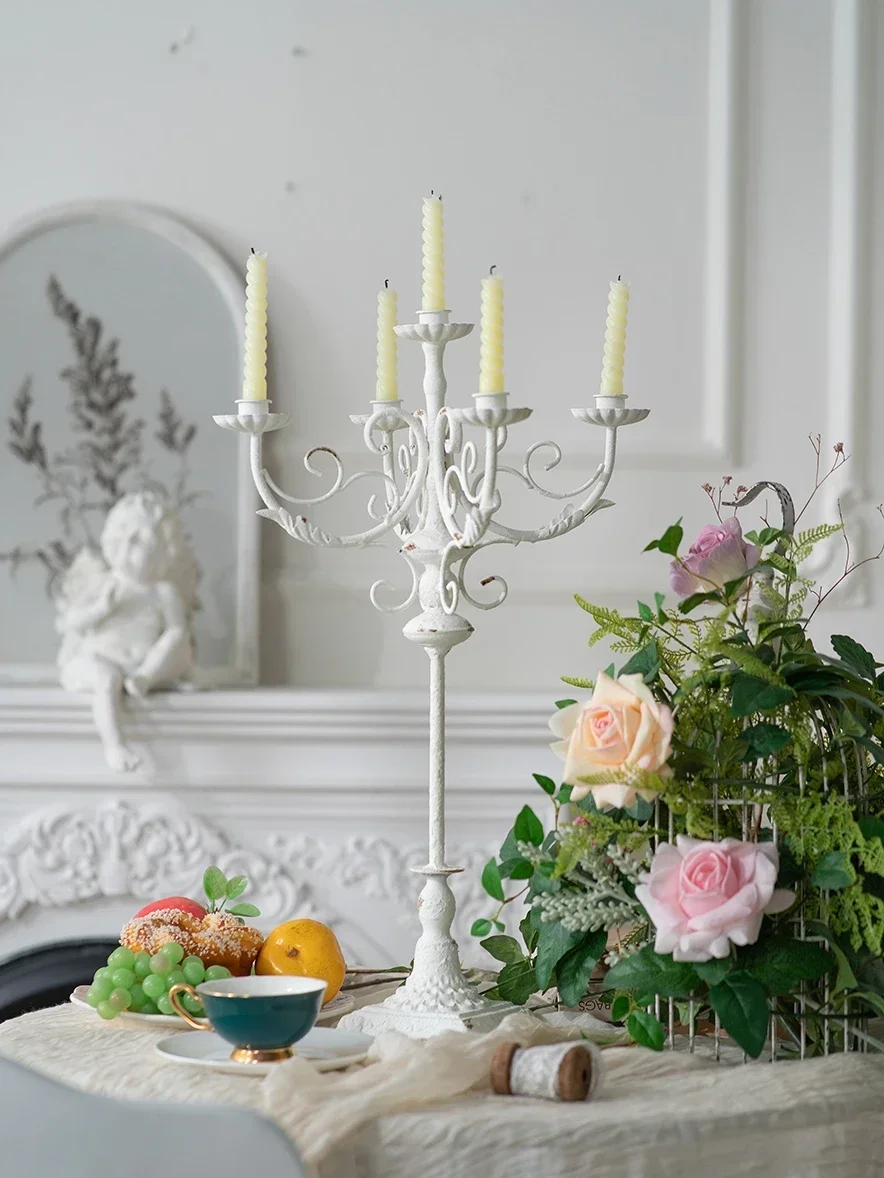 Iron Candlestick Holder, Vintage Metal Candelabra, White Chandelier for Table and Wedding Decoration, 5 Arm