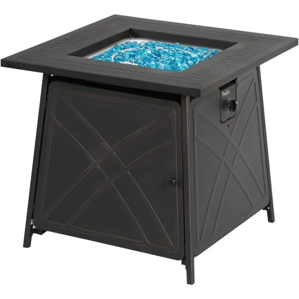 Gas FirePit Table, 28 inch 50,000 BTU Square Outdoor Propane Fire Pit Table with Lid and Blue Fire Glass