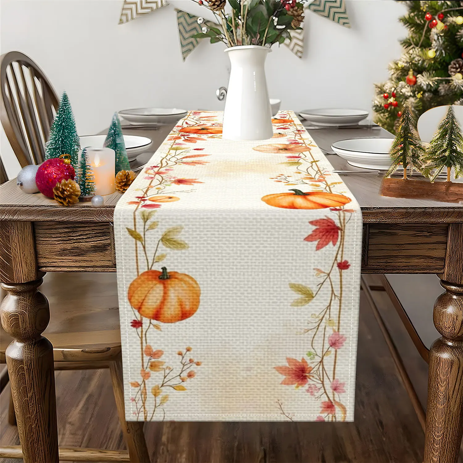 1 Piece of Autumn-Themed Table Runner with Pumpkins, Autumn Leaves, and Vines, Suitable for Fall and Thanksgiving Decorations