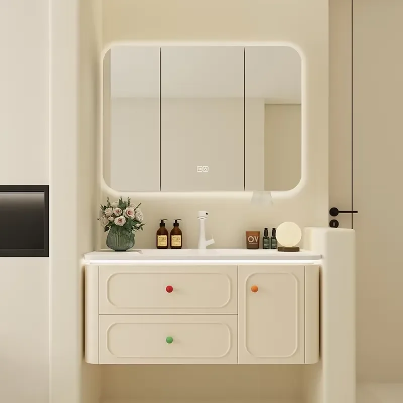 STLF Cream-Style Wall-Mounted Smart Mirror Bathroom Cabinet Combo Ceramic One-Piece Basin Oak French Retro Washstand Rounded
