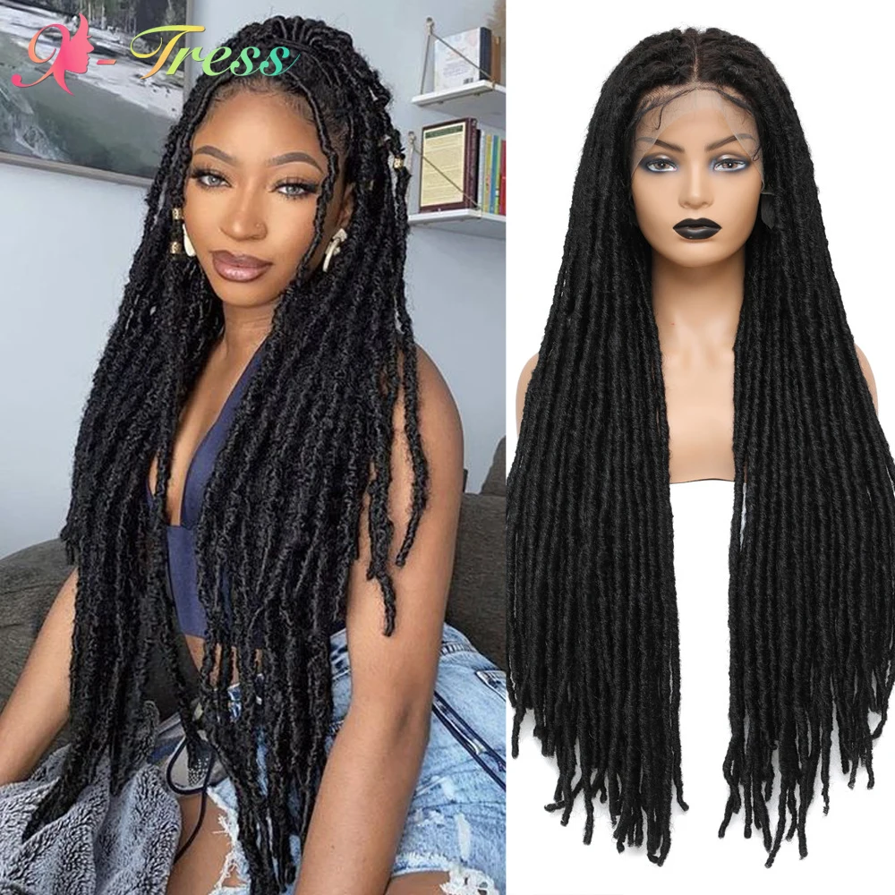 

X-TRESS Full Lace Braided Wigs Faux Locs Synthetic Lace Front Wig for Women 32 Inch Long Straight Dreadlocks Free Part Lace Wig