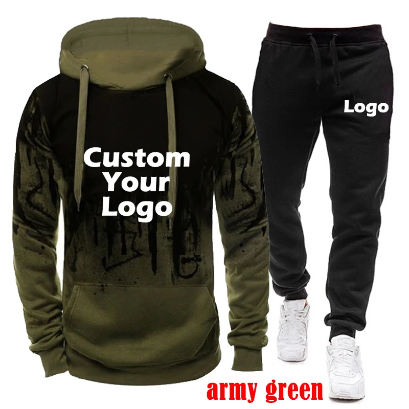 Setelan Hoodie musim dingin kustom musim gugur celana merek Fashion pria DIY pakaian olahraga luar ruangan pakaian olahraga tinta cipratan Jogging kasual