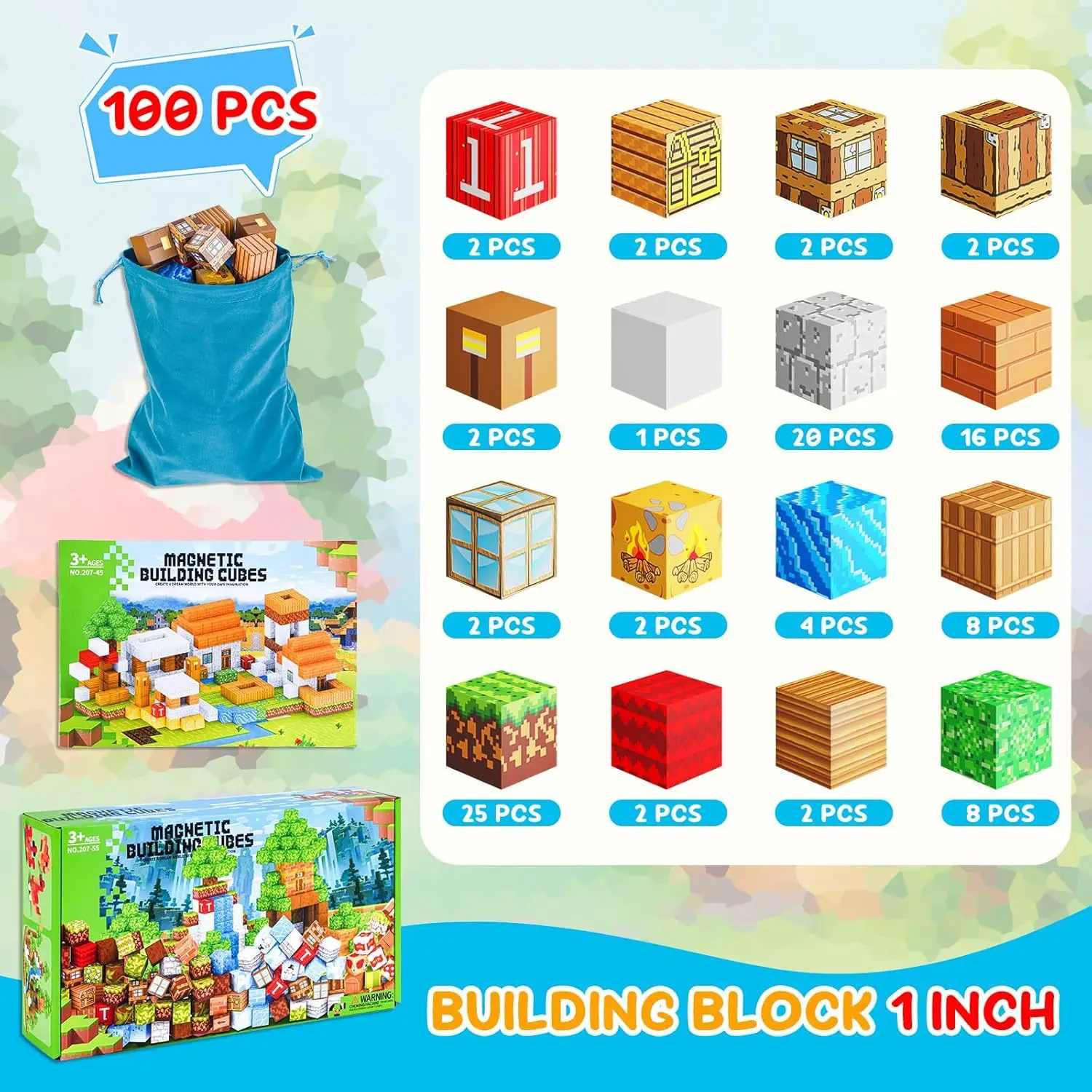 Conjuntos de bloques magnéticos de 100 Uds., juguetes de construcción para niños, modelo magnético de escena Rural/forest para niños y niñas, cubos sensoriales STEM Montessori, regalos