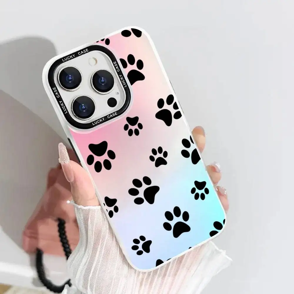 1pc Black Cat Footprints Print Phone Case Laser IMD Color Silver Shell For IPhone 17 16 15 14 13 12 11 Air Pro Max Plus