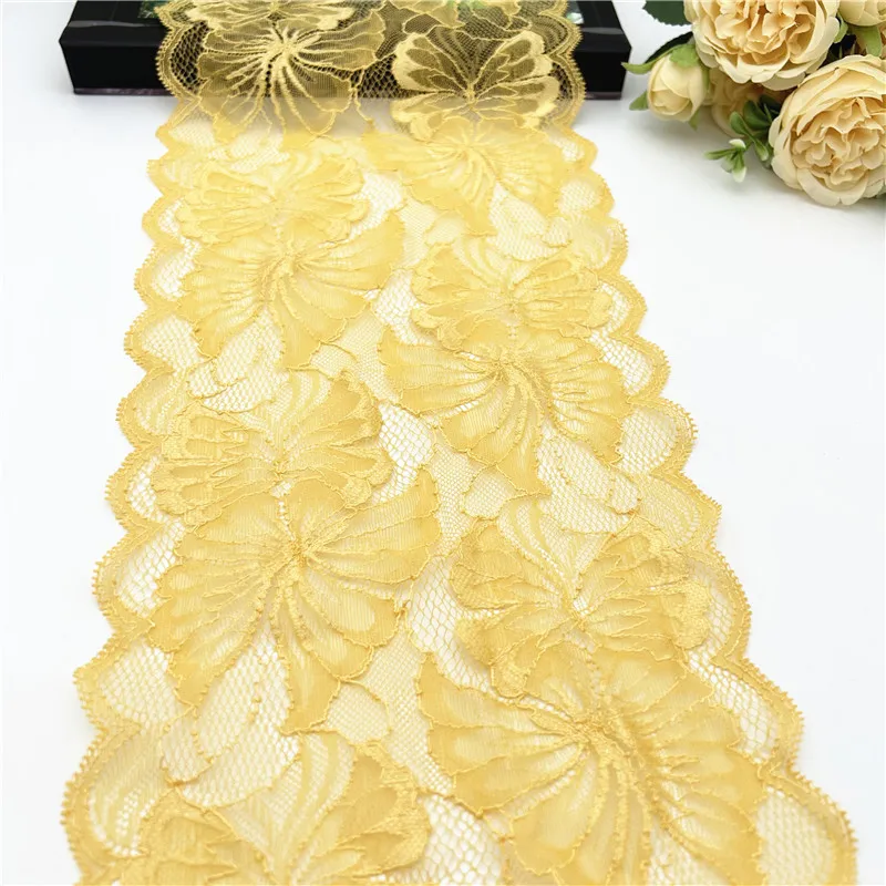 3y/Lot Breite 19cm Zitronengelbe Elastische Stretch-Spitzenborte für Dessous, Nähen, Basteln, DIY-Bekleidung, Stoff, Unterwäsche, Kleidungszubehör – Detail 1