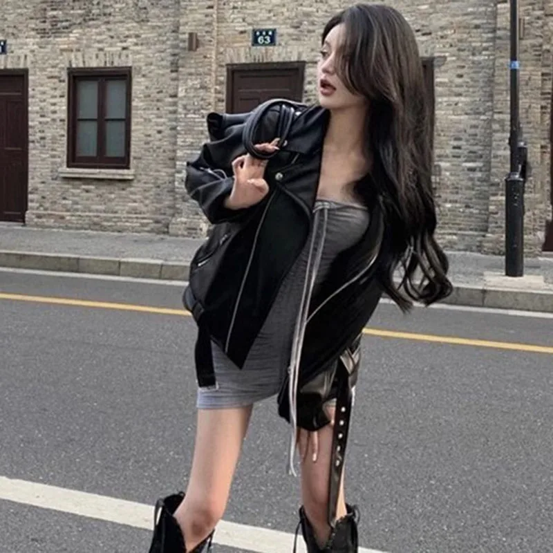 Tops americanos de piel sintética a la moda para mujer, chaqueta de cuero PU locomotora de alta calidad 2025, abrigo de cuero informal para mujer de otoño