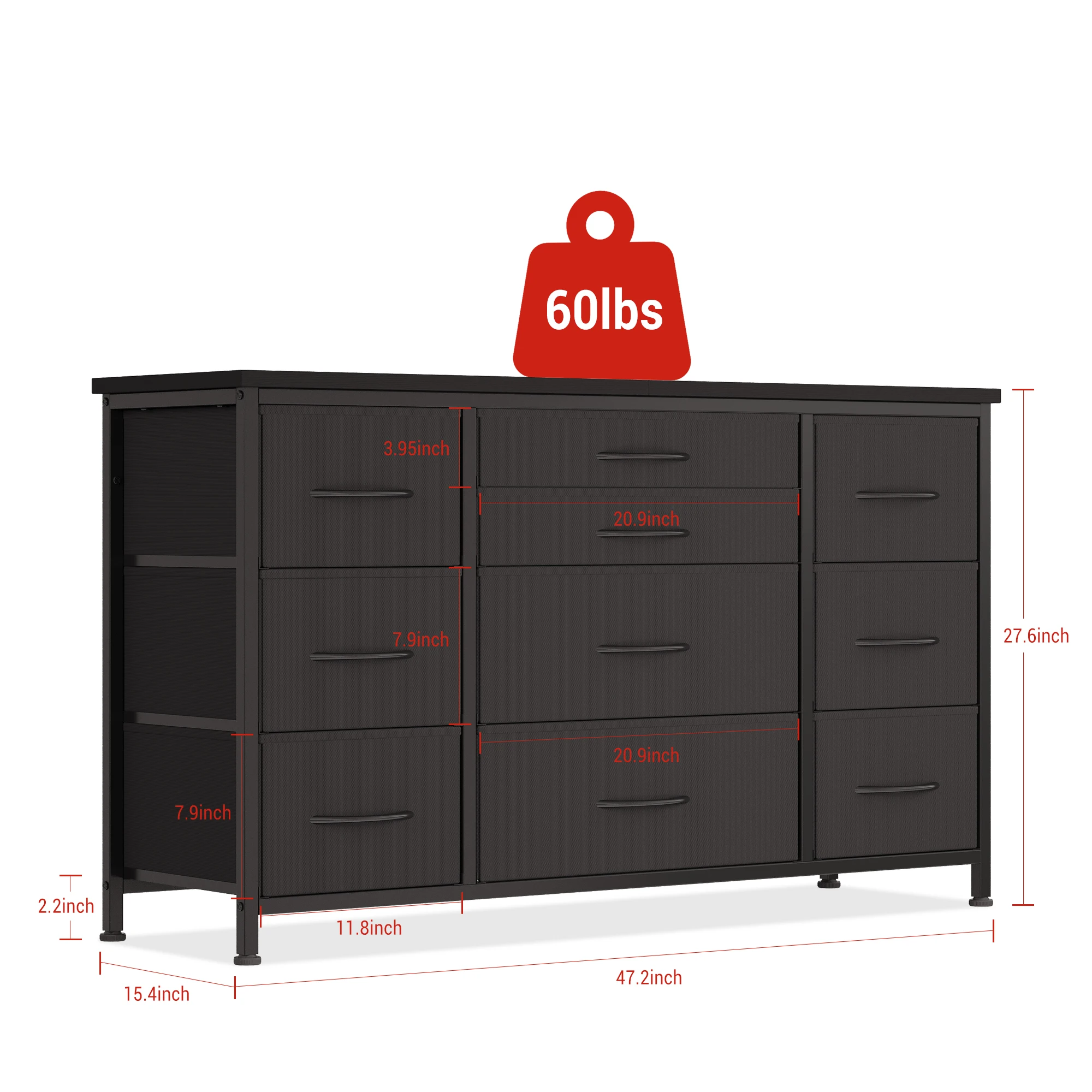 TV Stand with 10 Fabric Drawers & Built-in Power Outlets | Wooden Top Media Console for 55 Inch TVs, Storage Organizer for Living Room & Bedroom