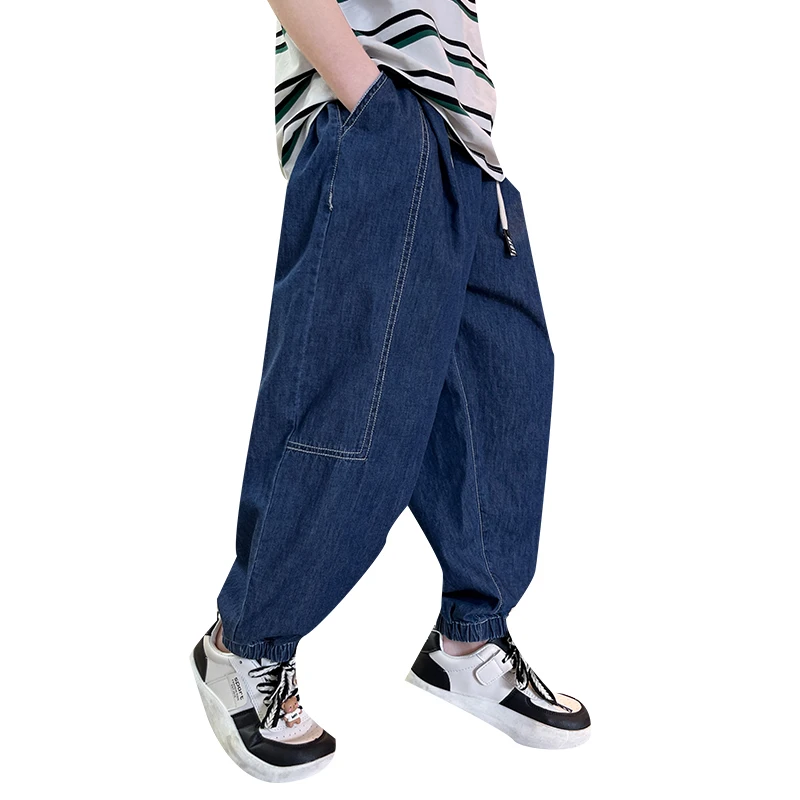 2026 New Boys' Loose Cowboy Lantern Pants Summer Thin Breathable Casual Pants Deep Blue Elastic Cuffs Jeans Children's Street Fa