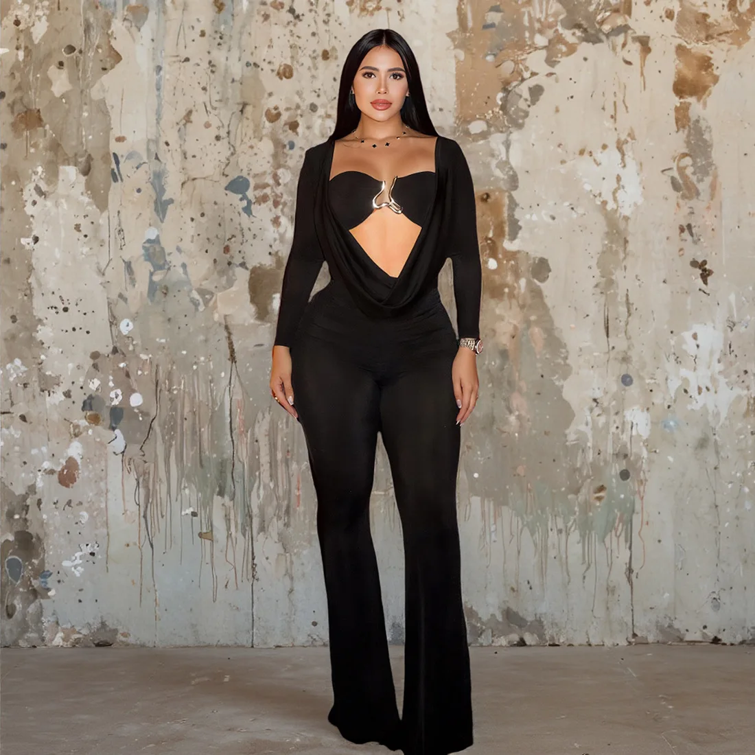 

European And American Women's Clothing 2025 Autumn New Sexy Hollow Pile Collar Slim-fitting High-waisted Long-sleeved Jumpsuit